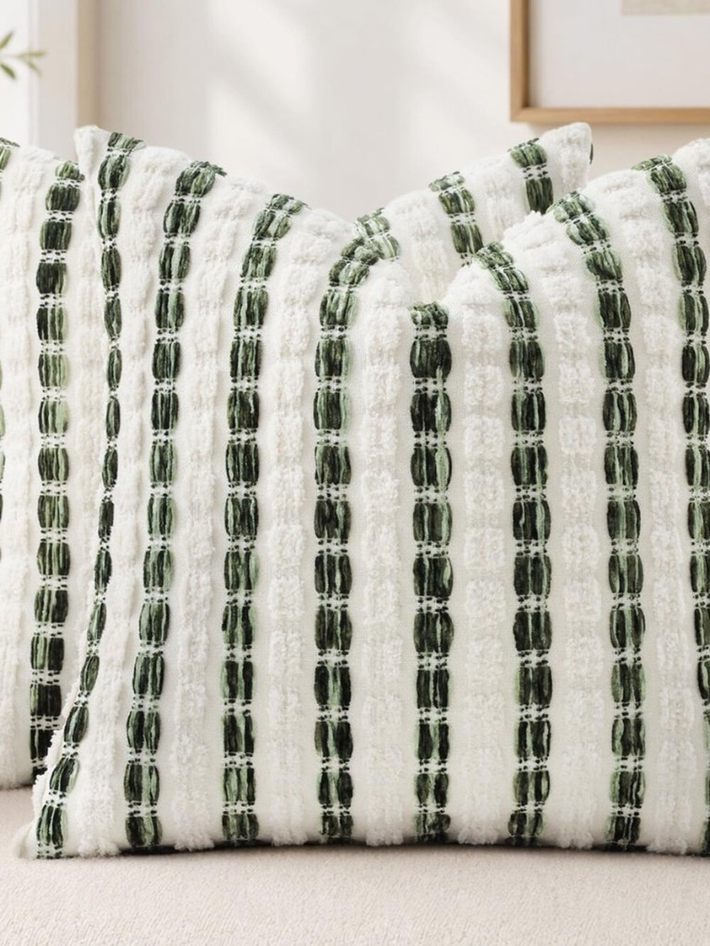 Chenille Tufted Stripe Throw Pillow Covers 18x18 Set of 2 Green